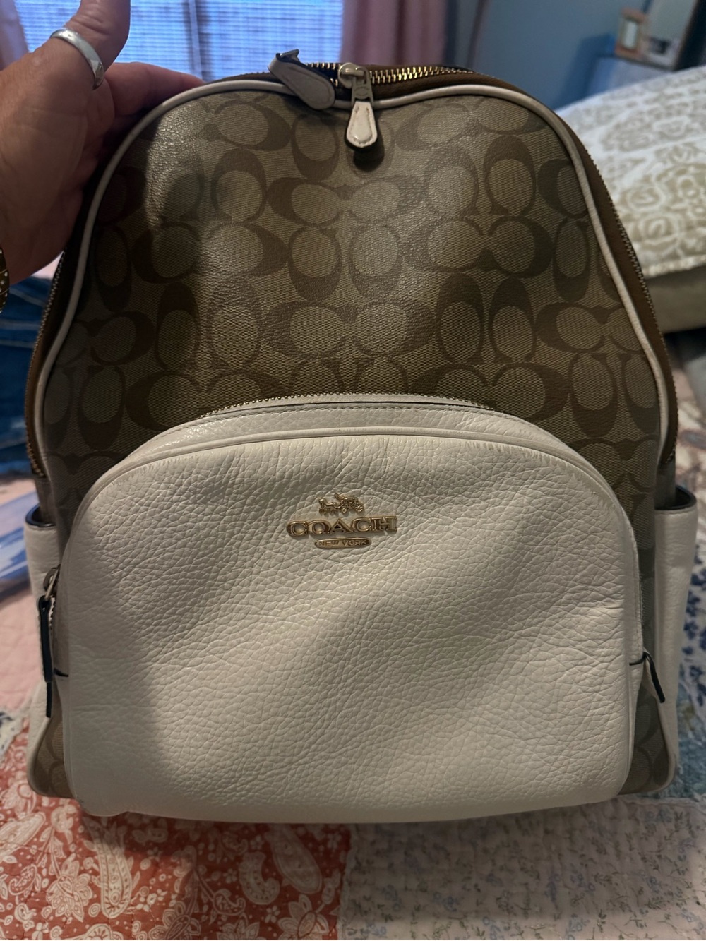 Coach Brown Signature Canvas Backpack with White Leather Pocket